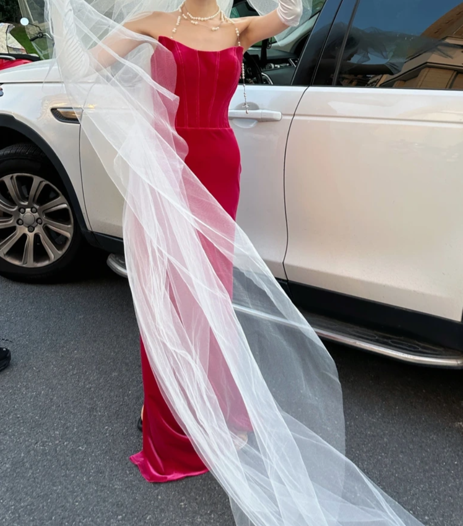 Sexy Strapless Fuchsia Prom Dress Velvet Sheath Evening Dress GG6784