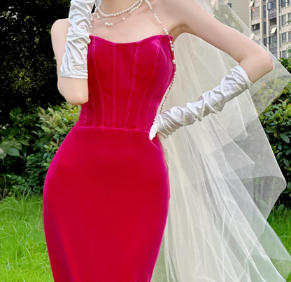 Sexy Strapless Fuchsia Prom Dress Velvet Sheath Evening Dress GG6784