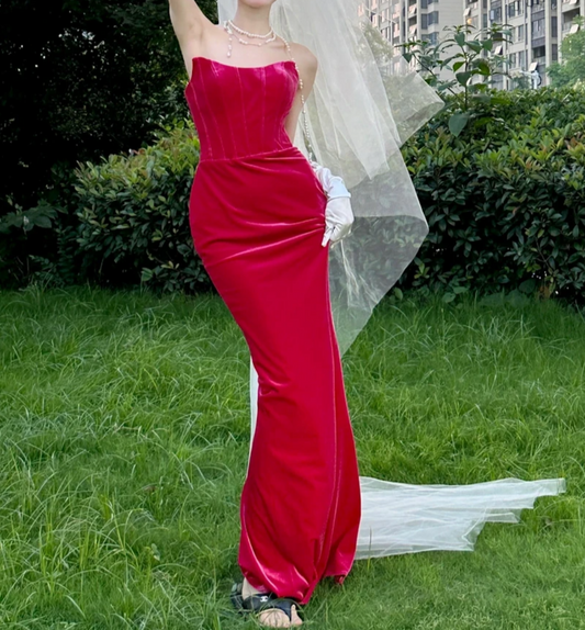 Sexy Strapless Fuchsia Prom Dress Velvet Sheath Evening Dress GG6784
