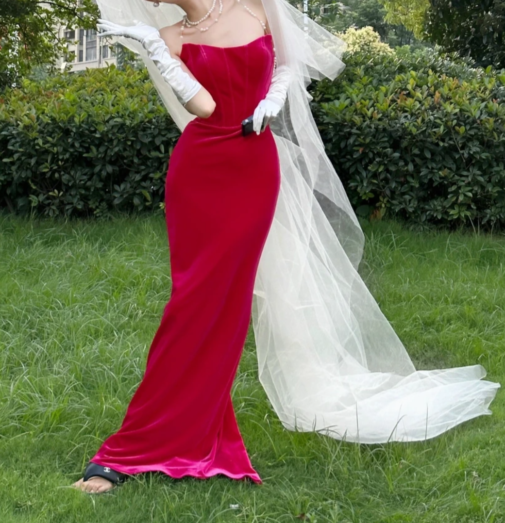 Sexy Strapless Fuchsia Prom Dress Velvet Sheath Evening Dress GG6784