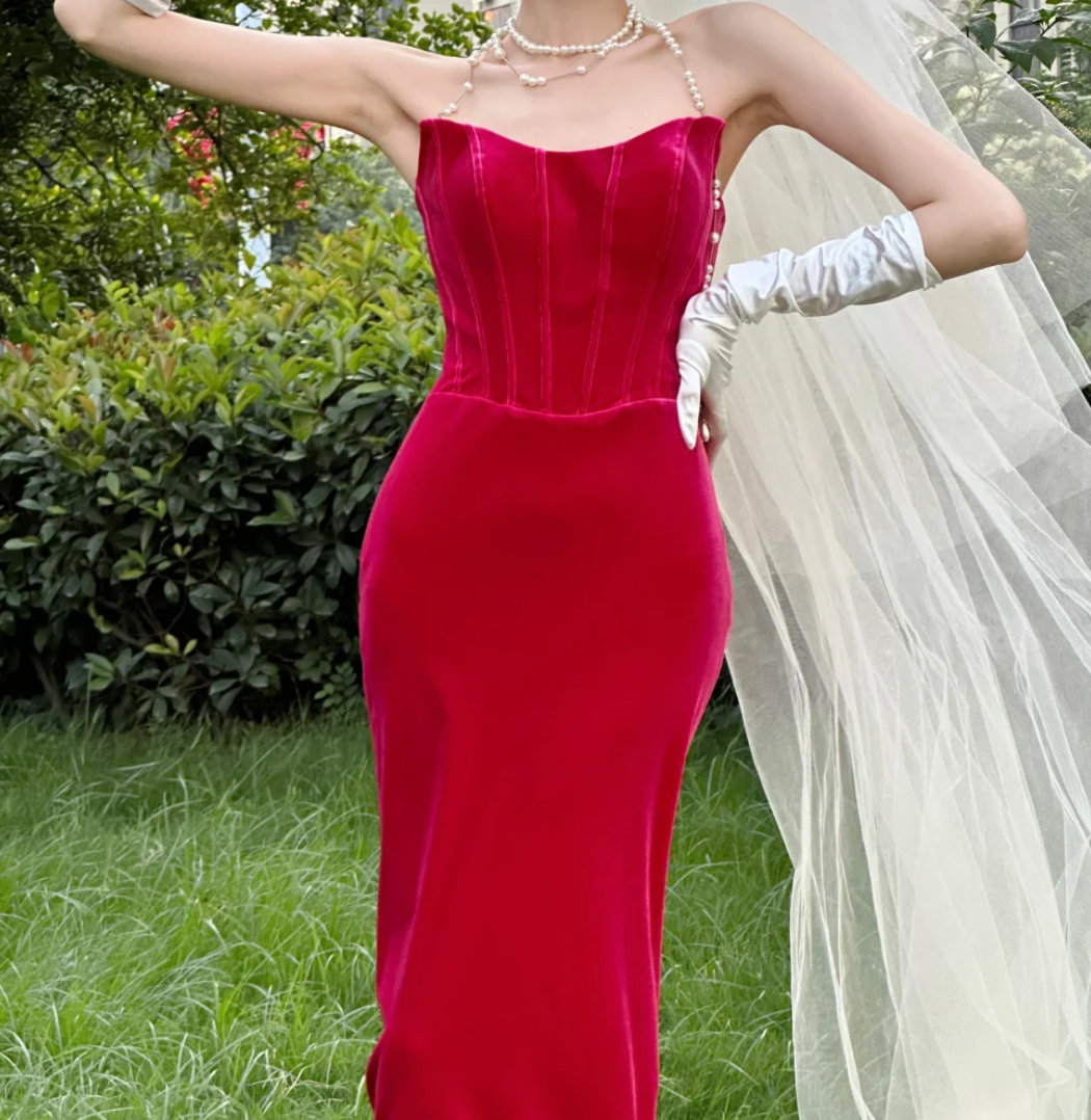 Sexy Strapless Fuchsia Prom Dress Velvet Sheath Evening Dress GG6784