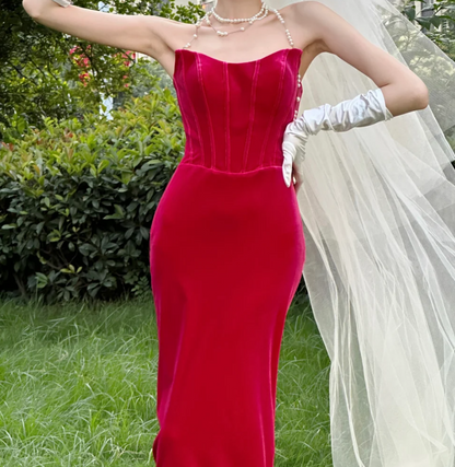 Sexy Strapless Fuchsia Prom Dress Velvet Sheath Evening Dress GG6784