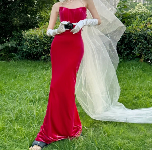 Sexy Strapless Fuchsia Prom Dress Velvet Sheath Evening Dress GG6784
