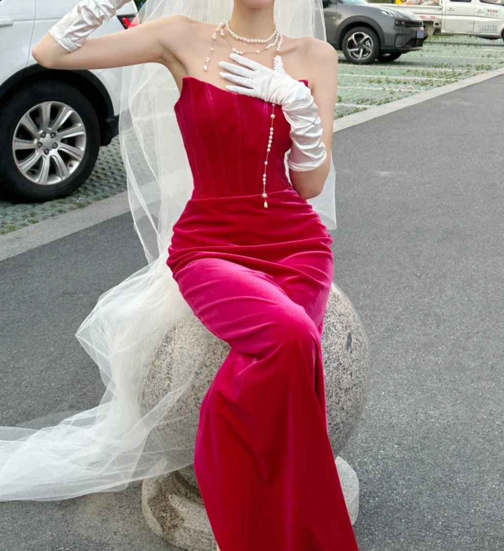Sexy Strapless Fuchsia Prom Dress Velvet Sheath Evening Dress GG6784