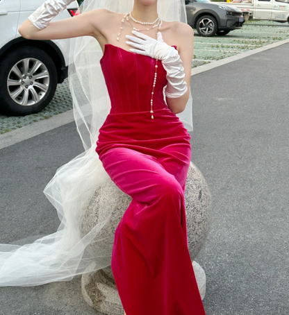 Sexy Strapless Fuchsia Prom Dress Velvet Sheath Evening Dress GG6784