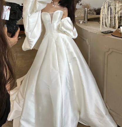 Attractive Strapless Satin Wedding Dress With Shawl A-Line Bridal Dress GG6786