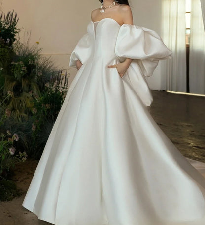 Attractive Strapless Satin Wedding Dress With Shawl A-Line Bridal Dress GG6786