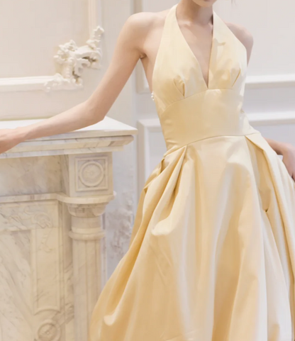Lovely Halter Neck Yellow Prom Dress Satin Slit A-Line Evening Dress GG6787