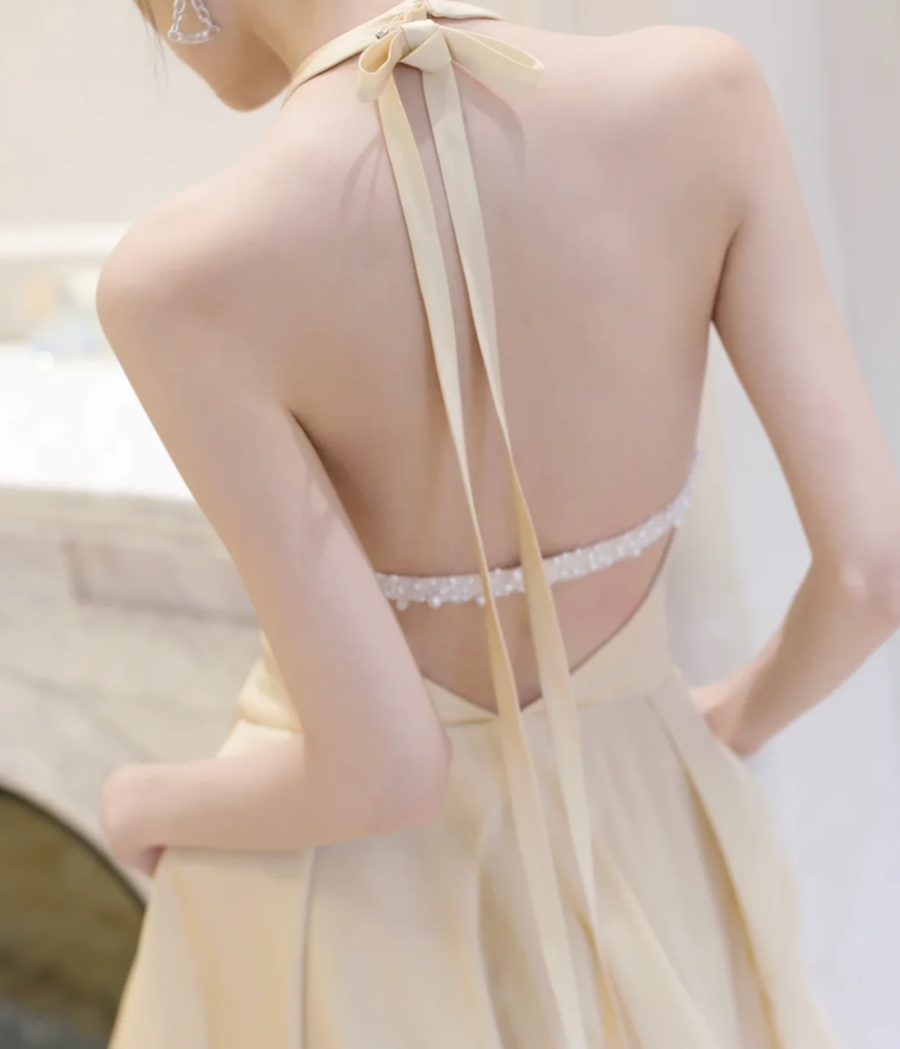 Lovely Halter Neck Yellow Prom Dress Satin Slit A-Line Evening Dress GG6787