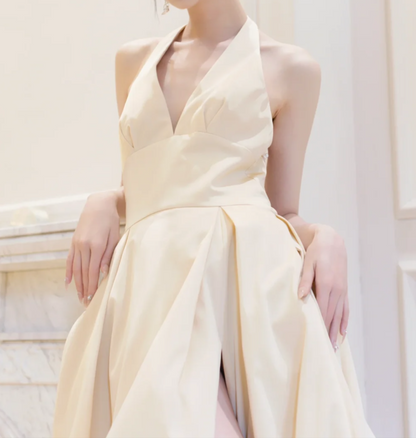 Lovely Halter Neck Yellow Prom Dress Satin Slit A-Line Evening Dress GG6787