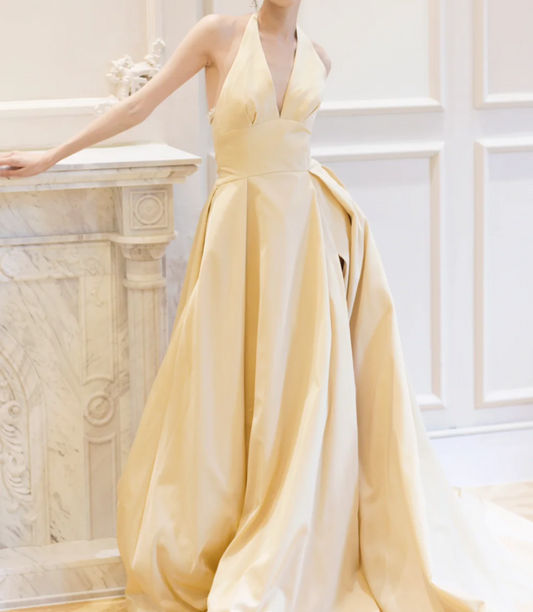 Lovely Halter Neck Yellow Prom Dress Satin Slit A-Line Evening Dress GG6787