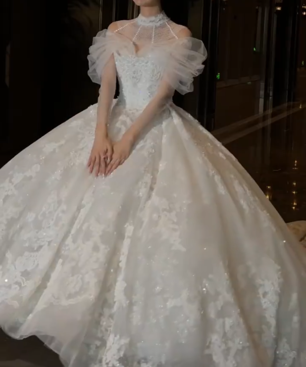 Romantic High Collar Tulle Wedding Dress Long Sleeve Sequins A-Line Bridal Dress GG6788