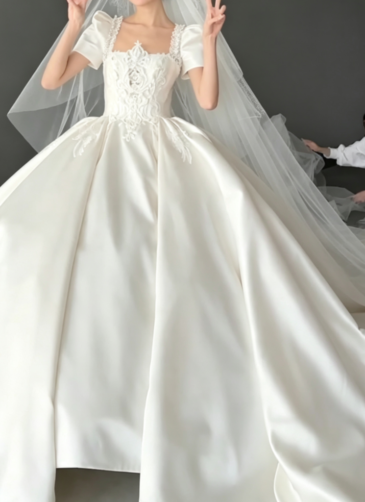 Ornate Short Sleeve Satin Wedding Dress Appliques A-Line Bridal Dress GG6789