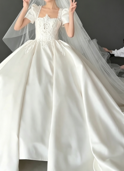 Ornate Short Sleeve Satin Wedding Dress Appliques A-Line Bridal Dress GG6789