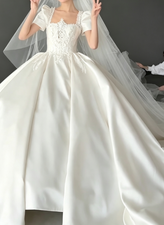 Ornate Short Sleeve Satin Wedding Dress Appliques A-Line Bridal Dress GG6789