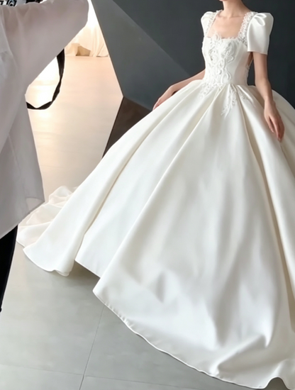 Ornate Short Sleeve Satin Wedding Dress Appliques A-Line Bridal Dress GG6789