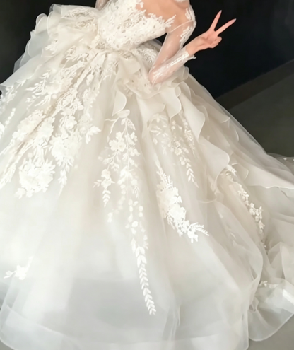 Enchanting High Collar Tulle Wedding Dress Long Sleeve Appliques A-Line Bridal Dress GG6790