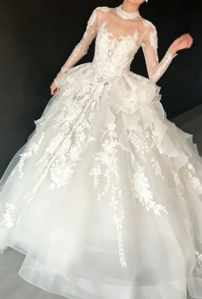 Enchanting High Collar Tulle Wedding Dress Long Sleeve Appliques A-Line Bridal Dress GG6790
