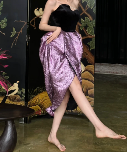 Vintage Strapless Black & Purple Homecoming Dress Slit Sheath Birthday Dress GG6791
