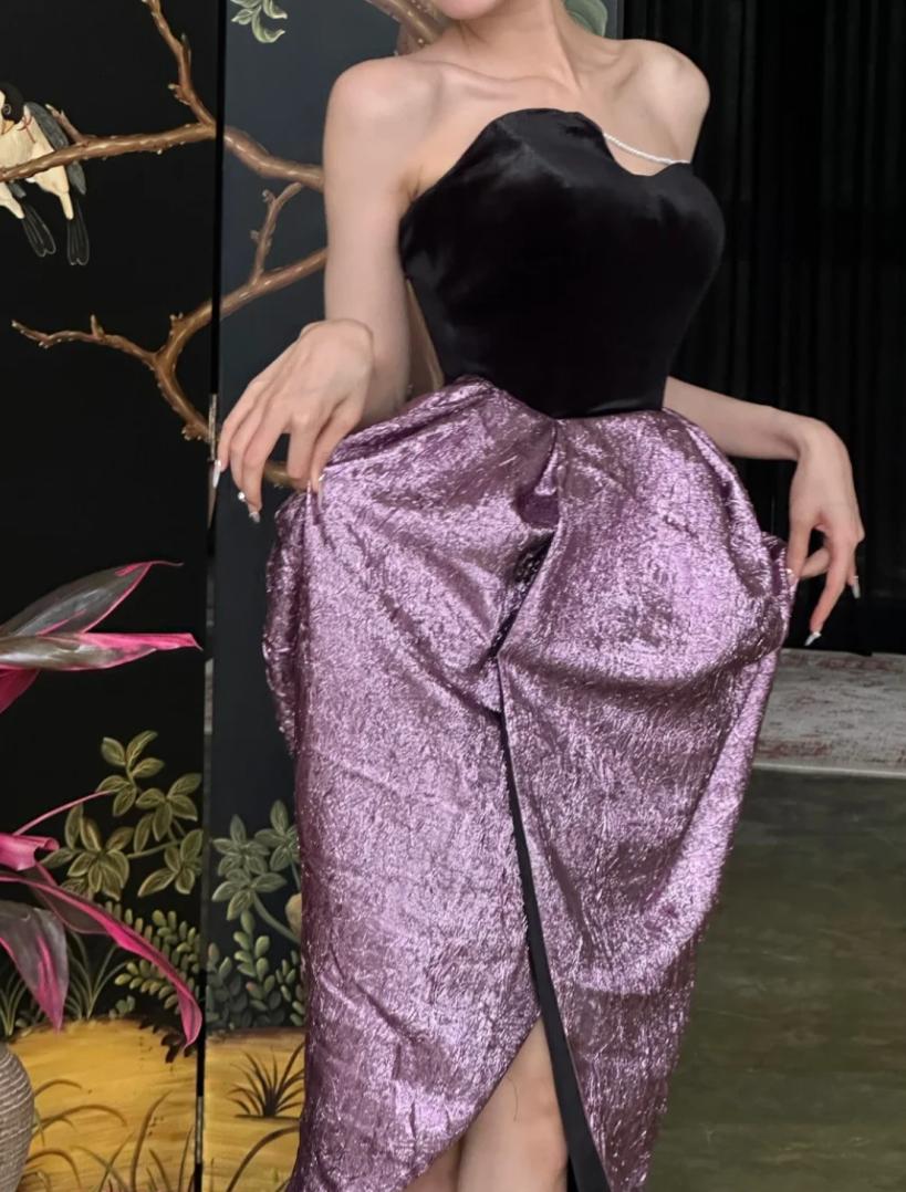 Vintage Strapless Black & Purple Homecoming Dress Slit Sheath Birthday Dress GG6791