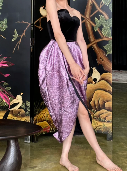 Vintage Strapless Black & Purple Homecoming Dress Slit Sheath Birthday Dress GG6791