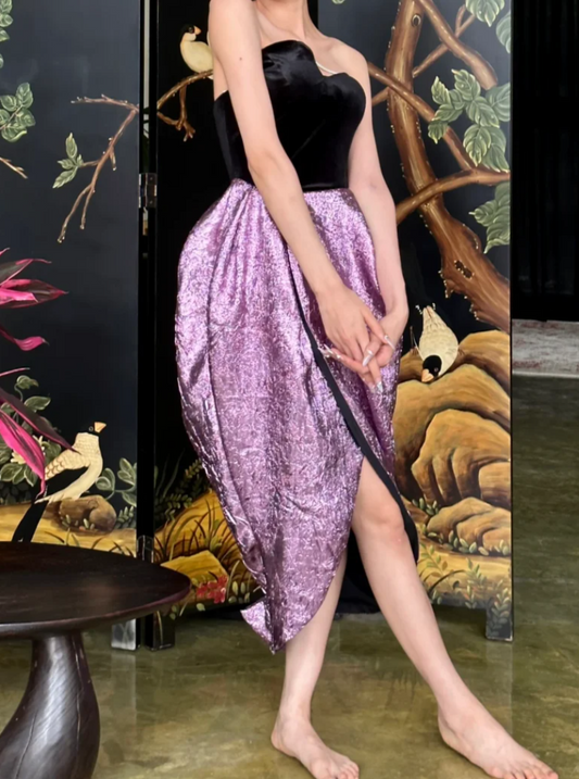 Vintage Strapless Black & Purple Homecoming Dress Slit Sheath Birthday Dress GG6791