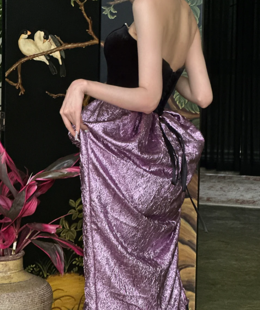 Vintage Strapless Black & Purple Homecoming Dress Slit Sheath Birthday Dress GG6791
