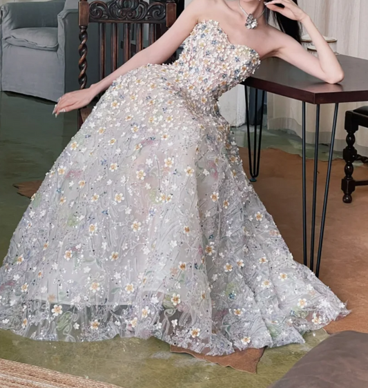 Charming Strapless Appliques Prom Dress Sequins A-Line Evening Dress GG6792