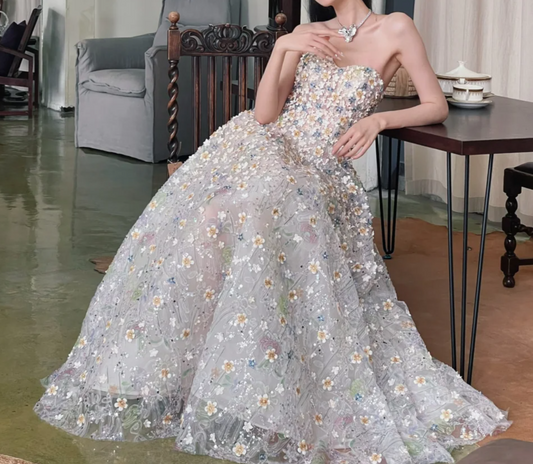 Charming Strapless Appliques Prom Dress Sequins A-Line Evening Dress GG6792