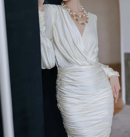 Glam V Neck Ivory Homecoming Dress Long Sleeve Sheath Birthday Dress GG6793