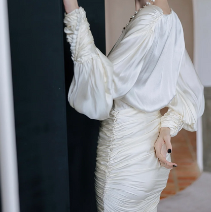 Glam V Neck Ivory Homecoming Dress Long Sleeve Sheath Birthday Dress GG6793