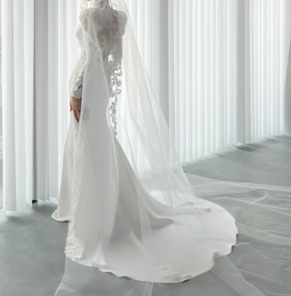 Retro V Neck Appliques Wedding Dress Long Sleeve A-Line Bridal Dress GG6794