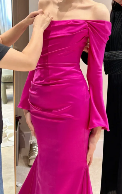 Vibrant Off-Shoulder Hot Pink Prom Dress Long Sleeve Mermaid Evening Dress GG6795