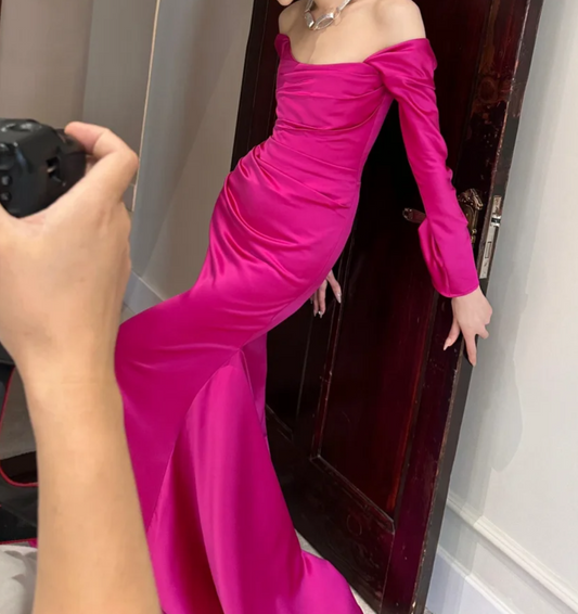 Vibrant Off-Shoulder Hot Pink Prom Dress Long Sleeve Mermaid Evening Dress GG6795