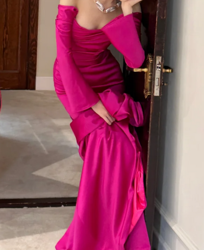 Vibrant Off-Shoulder Hot Pink Prom Dress Long Sleeve Mermaid Evening Dress GG6795