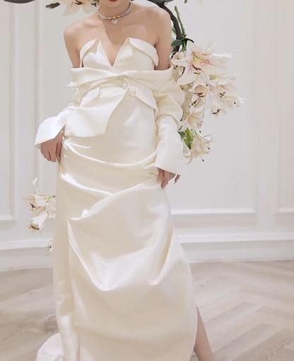 Graceful Strapless Slit Wedding Dress Satin Mermiad Bridal Dress GG6797