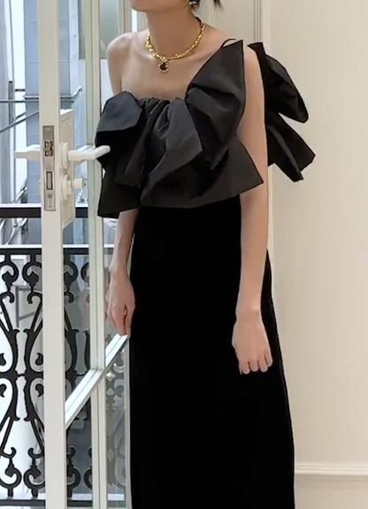 Classical One Shoulder Black Prom Dress Velvet Ruffles Sheath Formal Dress GG6798