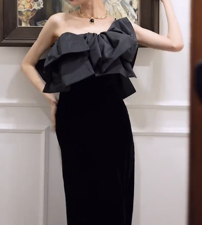 Classical One Shoulder Black Prom Dress Velvet Ruffles Sheath Formal Dress GG6798