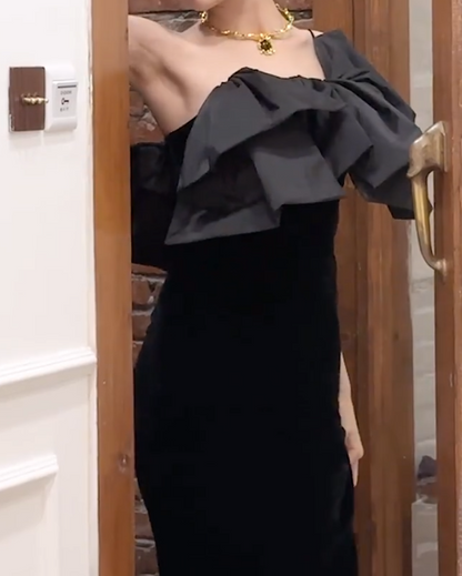 Classical One Shoulder Black Prom Dress Velvet Ruffles Sheath Formal Dress GG6798