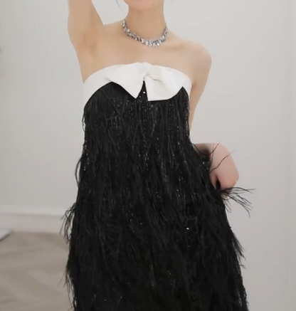 Glittering Strapless Black Prom Dress Feather Sequins Sheath Formal Dress GG6799