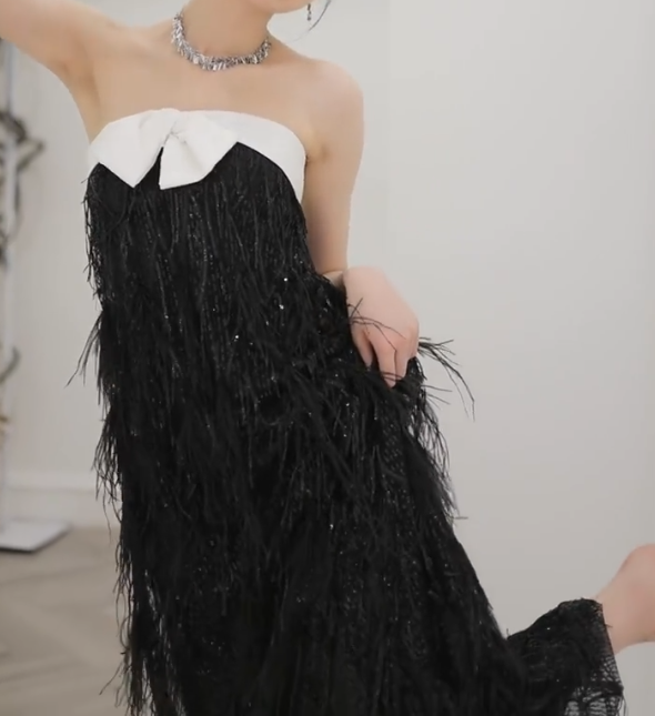 Glittering Strapless Black Prom Dress Feather Sequins Sheath Formal Dress GG6799