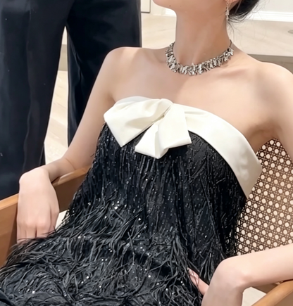 Glittering Strapless Black Prom Dress Feather Sequins Sheath Formal Dress GG6799