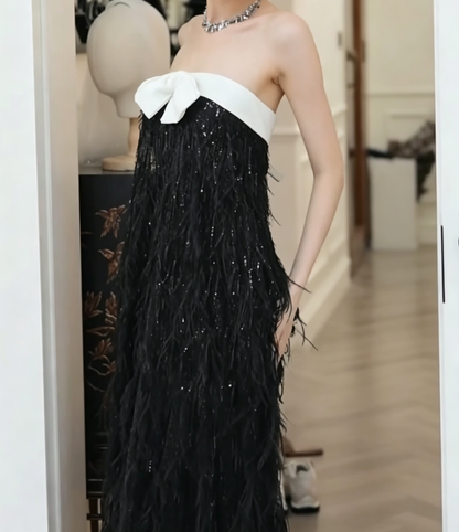 Glittering Strapless Black Prom Dress Feather Sequins Sheath Formal Dress GG6799