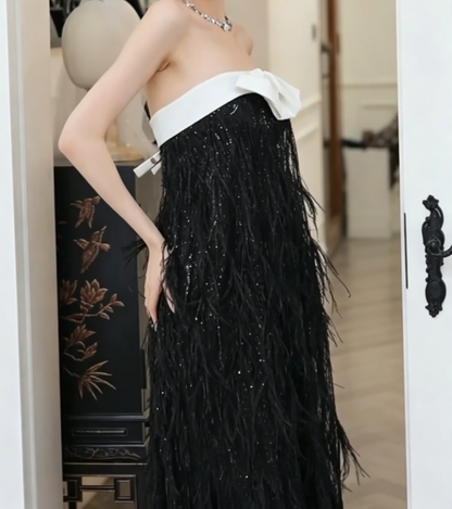 Glittering Strapless Black Prom Dress Feather Sequins Sheath Formal Dress GG6799