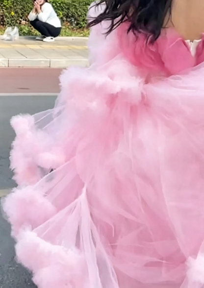 Sweet Strapless Pink Prom Dress Ruffled Tulle A-Line Formal Dress GG6802