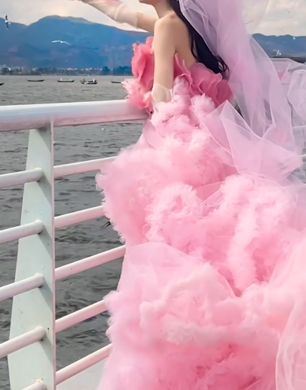 Sweet Strapless Pink Prom Dress Ruffled Tulle A-Line Formal Dress GG6802