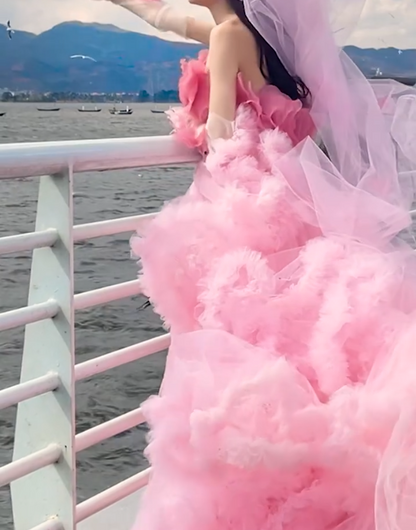 Sweet Strapless Pink Prom Dress Ruffled Tulle A-Line Formal Dress GG6802