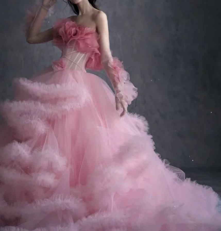Sweet Strapless Pink Prom Dress Ruffled Tulle A-Line Formal Dress GG6802