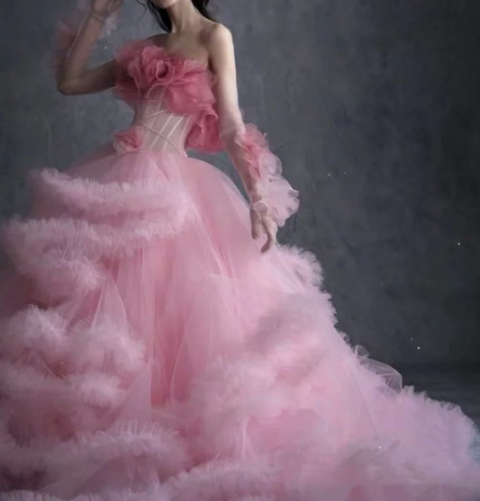 Sweet Strapless Pink Prom Dress Ruffled Tulle A-Line Formal Dress GG6802