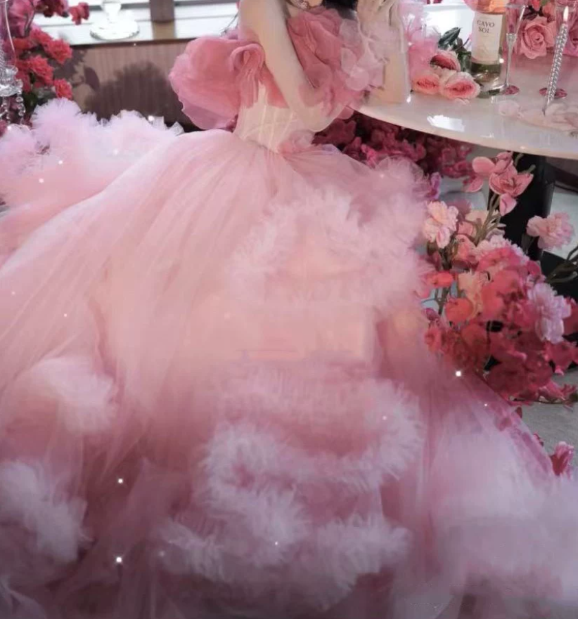 Sweet Strapless Pink Prom Dress Ruffled Tulle A-Line Formal Dress GG6802